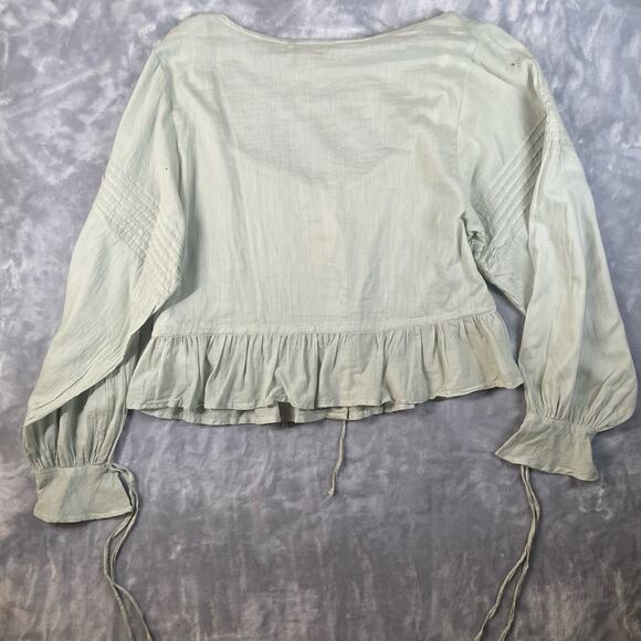 Pastel sage green cotton peasant top XL long blouson sleeves peplum cottage boho - Picture 6 of 9